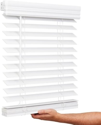 Windoware 2″ Cordless Faux-Wood Embossed Blind – Bright White, Room Darkening