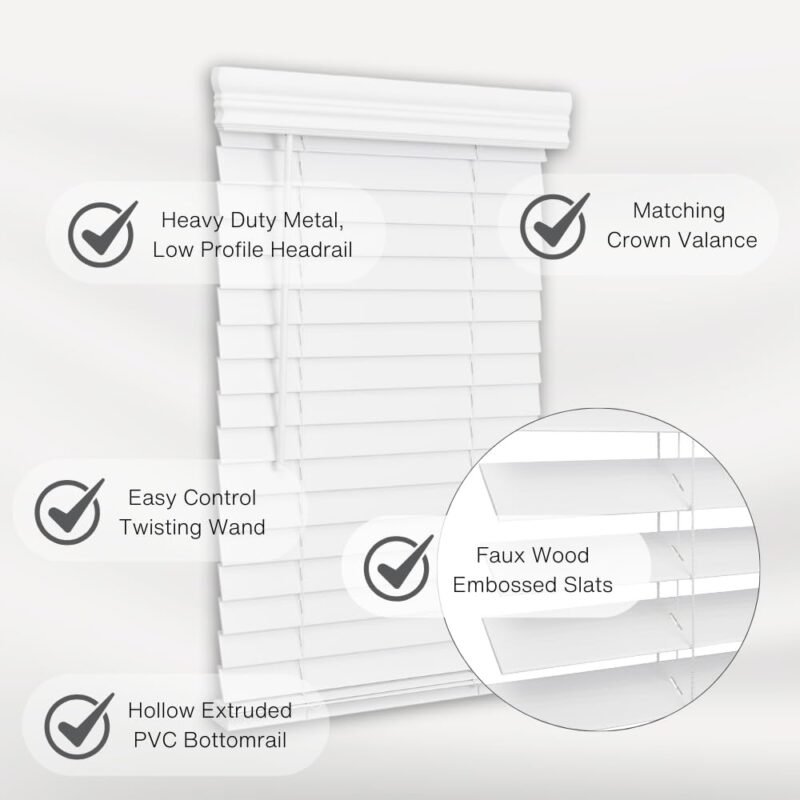 Windoware 2″ Cordless Faux-Wood Embossed Blind – Bright White, Room Darkening - Image 2