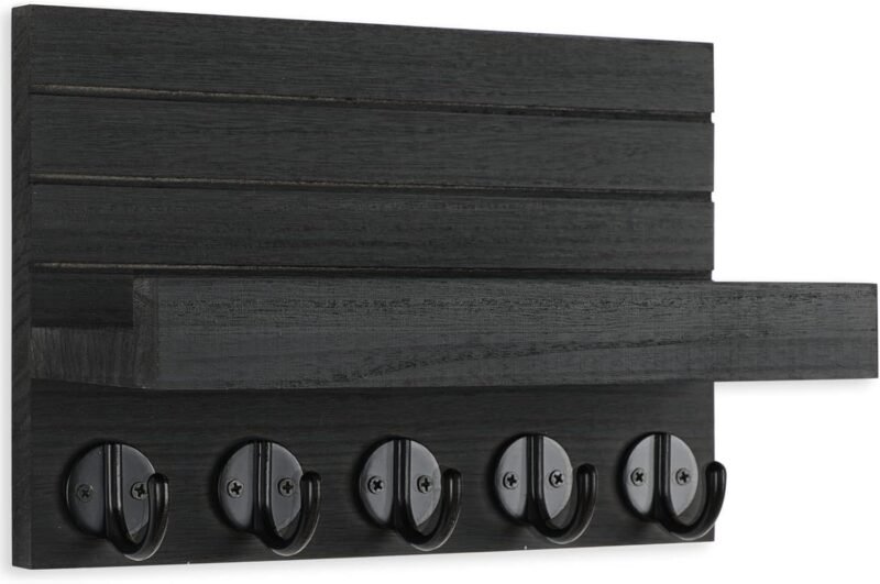 Lwenki Key Holder for Wall, Decorative Key and Mail Holder with Shelf Has Large Hooks for Bags, Coats, Umbrella – Paulownia Wood Key Hanger with Mounting Hardware (9.8”W x 6.7”H x 4.2”D)  Home & Kitchen - Image 2