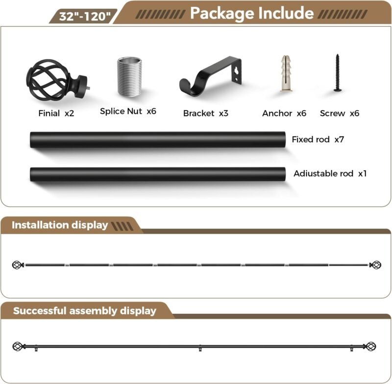 IFELS Heavy‑Duty Black Curtain Rod – Adjustable 66″–120″ (6/8″ Dia) - Image 9