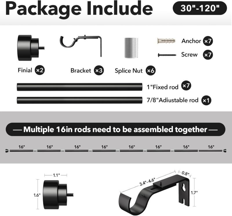 IFELS Heavy Duty Adjustable Curtain Rod – 66″–120″, 1″ Diameter - Image 3