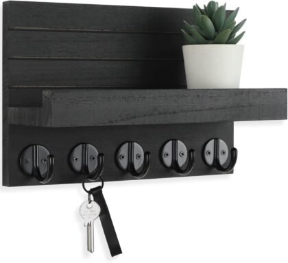 Lwenki Key Holder for Wall, Decorative Key and Mail Holder with Shelf Has Large Hooks for Bags, Coats, Umbrella – Paulownia Wood Key Hanger with Mounting Hardware (9.8”W x 6.7”H x 4.2”D)  Home & Kitchen