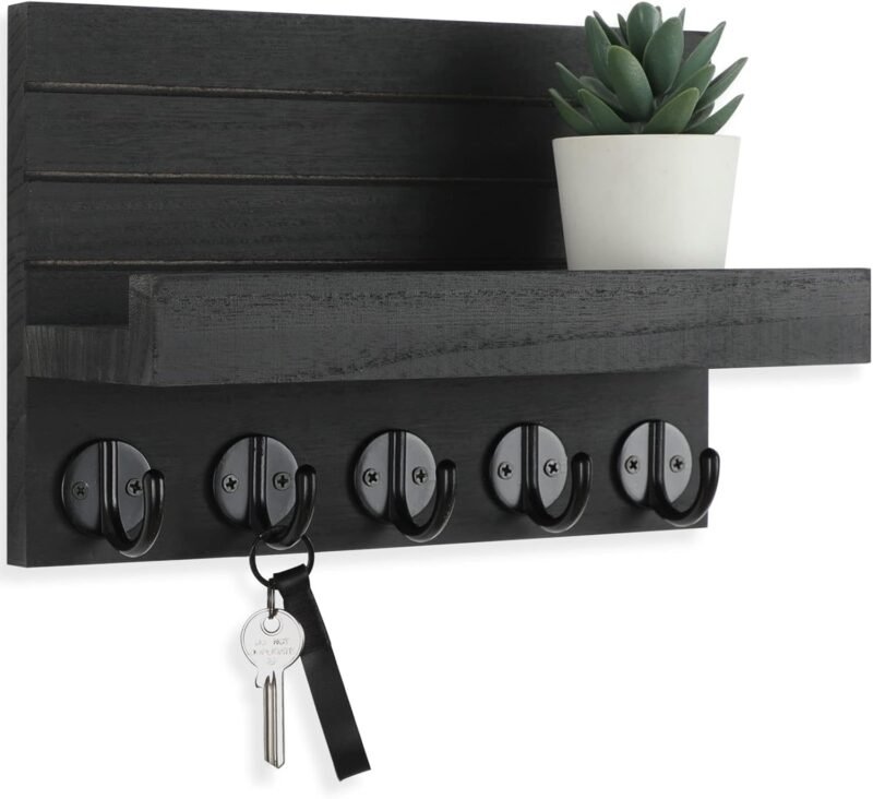 Lwenki Key Holder for Wall, Decorative Key and Mail Holder with Shelf Has Large Hooks for Bags, Coats, Umbrella – Paulownia Wood Key Hanger with Mounting Hardware (9.8”W x 6.7”H x 4.2”D)  Home & Kitchen