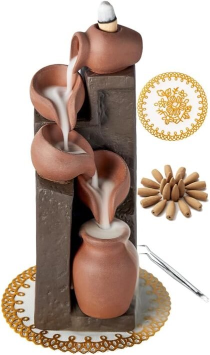 LAMDAWN Ceramic Waterfall Backflow Incense Holder – Cascading Basins, Includes Incense Cones