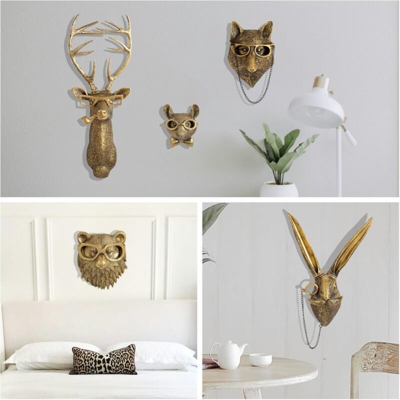 GUASDIE Resin Animal Head Wall Sculptures – Faux Deer, Rabbit, Bear, Fox & Rat, 5‑Piece Set - Image 3