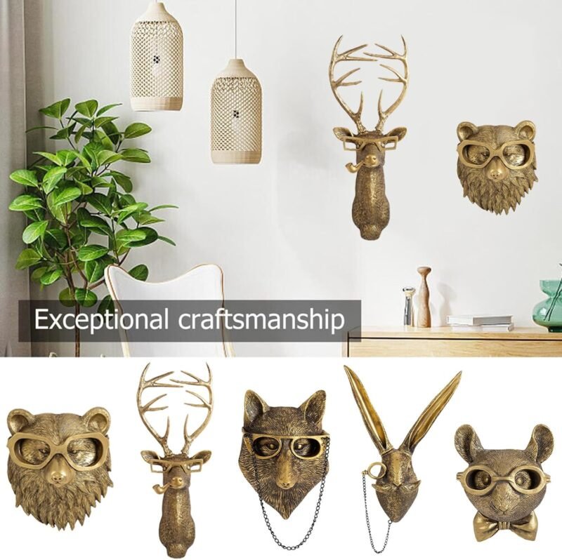 GUASDIE Resin Animal Head Wall Sculptures – Faux Deer, Rabbit, Bear, Fox & Rat, 5‑Piece Set - Image 8