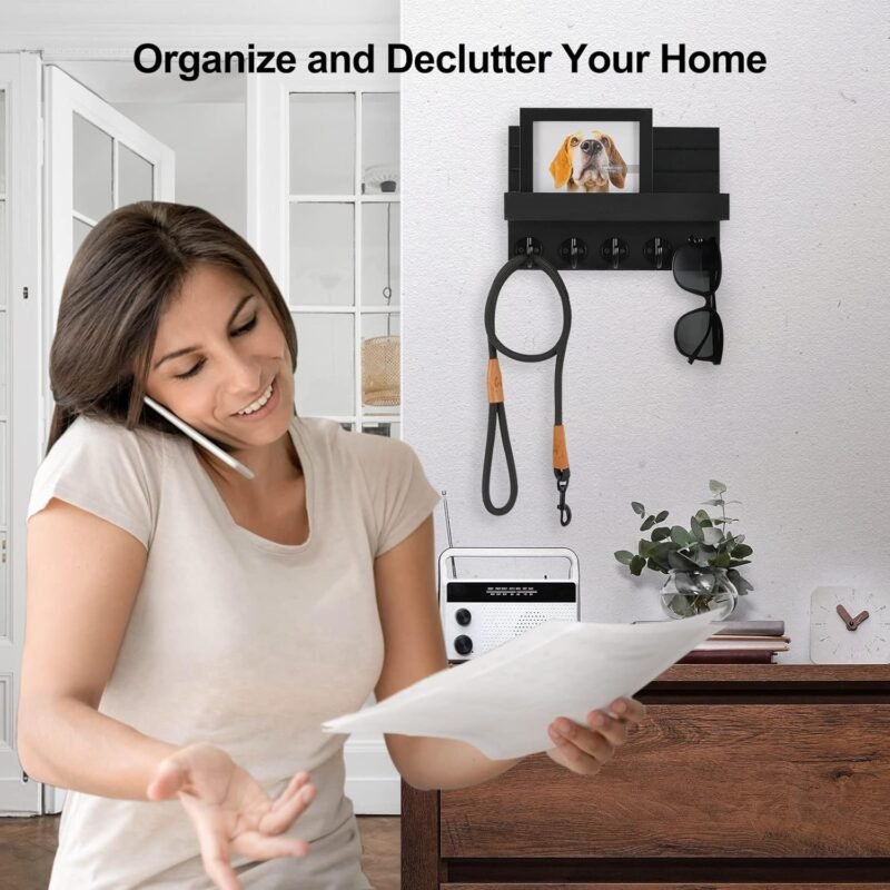 Lwenki Key Holder for Wall, Decorative Key and Mail Holder with Shelf Has Large Hooks for Bags, Coats, Umbrella – Paulownia Wood Key Hanger with Mounting Hardware (9.8”W x 6.7”H x 4.2”D)  Home & Kitchen - Image 6