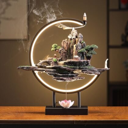 TXYXT Resin Mountain Backflow Incense Burner – LED Waterfall Fountain