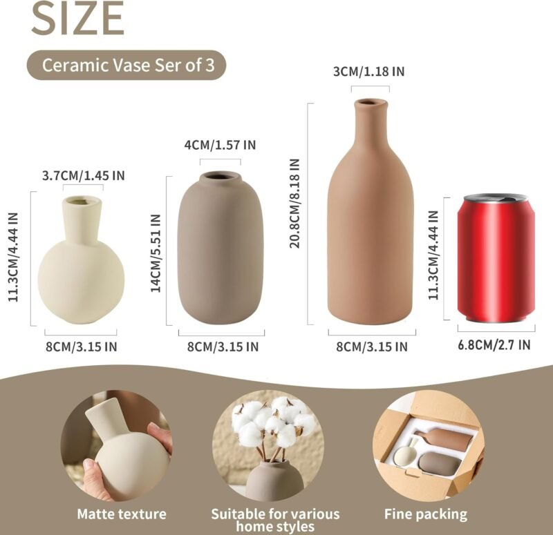 Ceramic Vases Set of 3, Modern Neutral Rustic Farmhouse Home Decor Pottery Pampas Decoration for Living Room, Table - Image 3