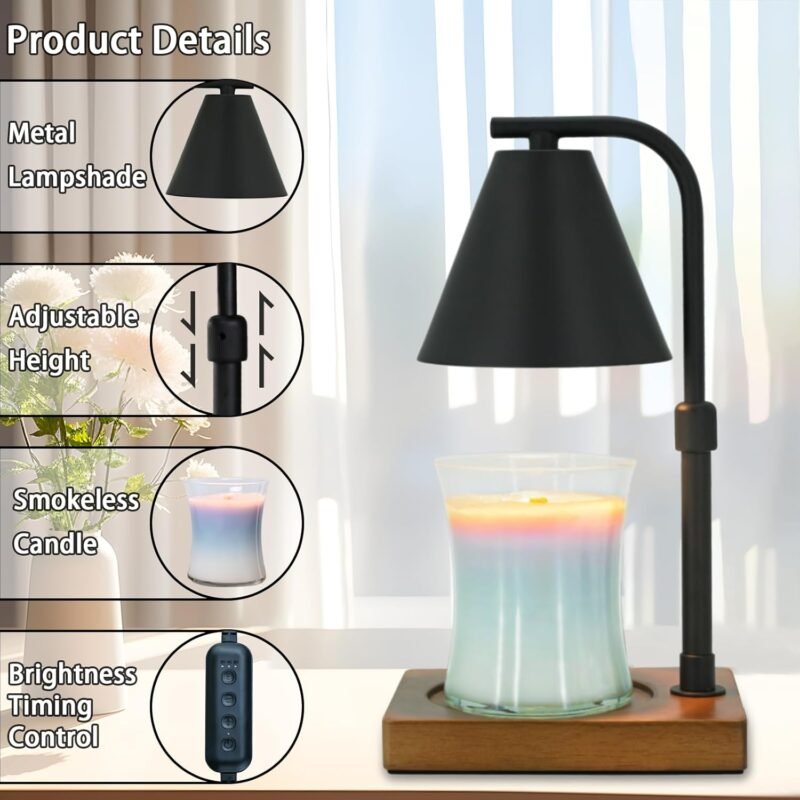 SOKCVSEA Dimmable Candle Warmer Lamp – Timer, Adjustable Height, Wooden Base, 50 W Bulb - Image 3