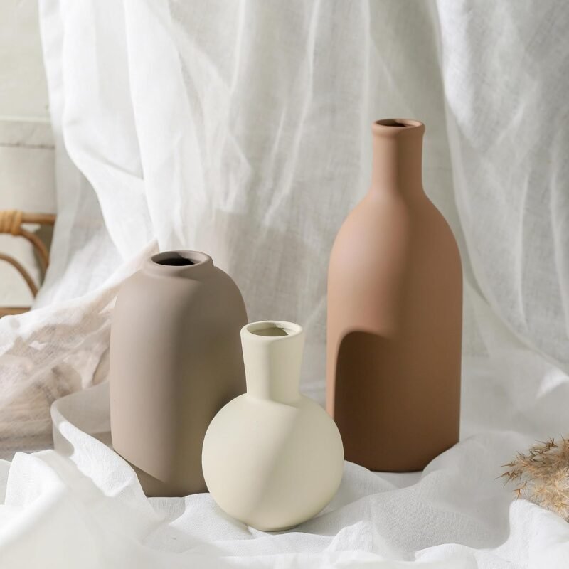 Ceramic Vases Set of 3, Modern Neutral Rustic Farmhouse Home Decor Pottery Pampas Decoration for Living Room, Table - Image 9