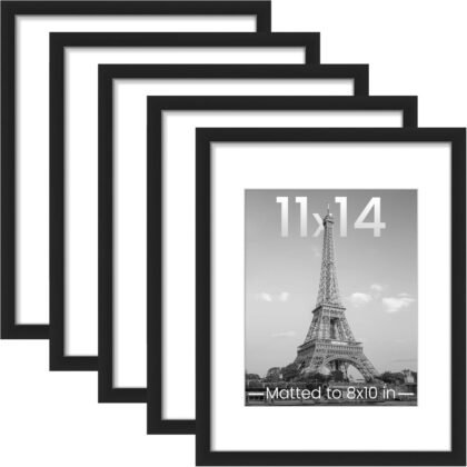 upsimples 11″×14″ Picture Frame Set of 5 – Black Plastic, Matted 8×10 Display