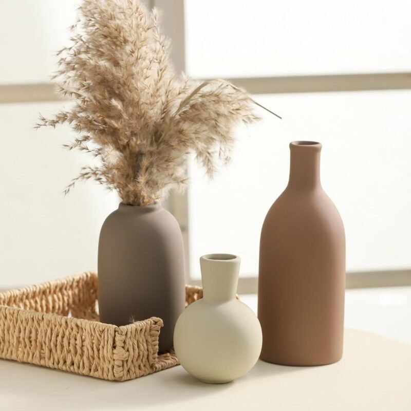 Ceramic Vases Set of 3, Modern Neutral Rustic Farmhouse Home Decor Pottery Pampas Decoration for Living Room, Table - Image 6