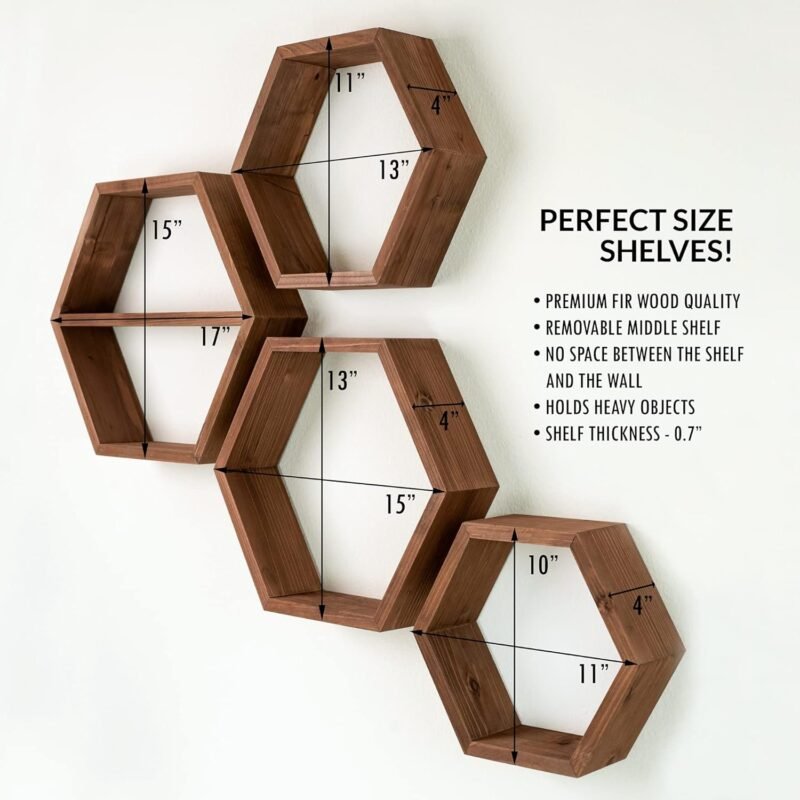 Hexagon Floating Shelves – Set of 4 Large Rustic Honeycomb Wooden Shelves - Image 4