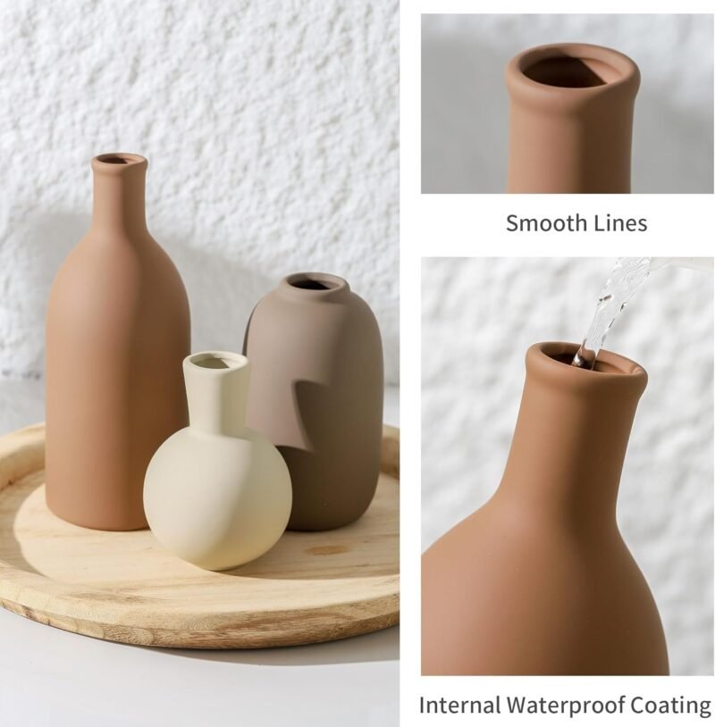 Ceramic Vases Set of 3, Modern Neutral Rustic Farmhouse Home Decor Pottery Pampas Decoration for Living Room, Table - Image 4