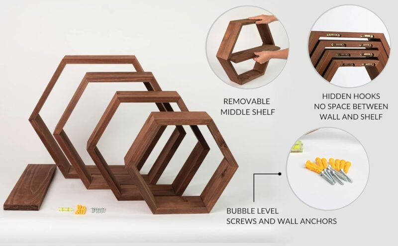 Hexagon Floating Shelves – Set of 4 Large Rustic Honeycomb Wooden Shelves - Image 5