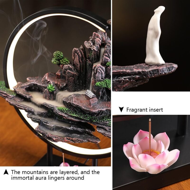 TXYXT Resin Mountain Backflow Incense Burner – LED Waterfall Fountain - Image 5