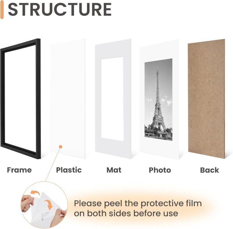upsimples 11″×14″ Picture Frame Set of 5 – Black Plastic, Matted 8×10 Display - Image 3