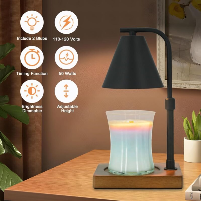 SOKCVSEA Dimmable Candle Warmer Lamp – Timer, Adjustable Height, Wooden Base, 50 W Bulb - Image 2