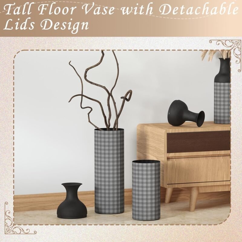 Gtouse 3‑Piece Black Metal Floor Vases – Vintage Tall Set (27″/20″/16″) - Image 5