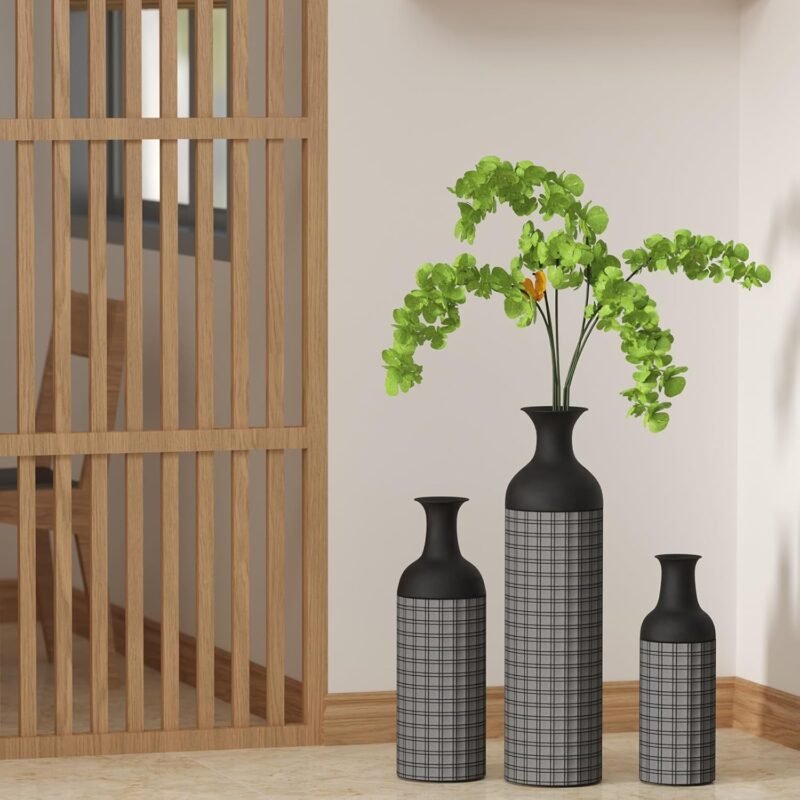 Gtouse 3‑Piece Black Metal Floor Vases – Vintage Tall Set (27″/20″/16″) - Image 7