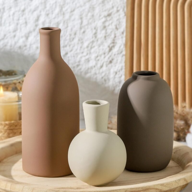 Ceramic Vases Set of 3, Modern Neutral Rustic Farmhouse Home Decor Pottery Pampas Decoration for Living Room, Table