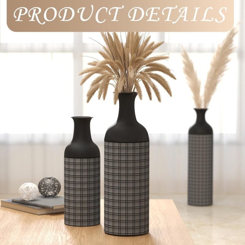 Gtouse 3‑Piece Black Metal Floor Vases – Vintage Tall Set (27″/20″/16″) - Image 6