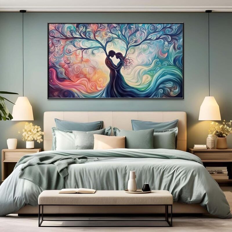 Tree of Love Canvas Print – 36″×20″ Vibrant Couple Silhouettes, Gold Frame - Image 6