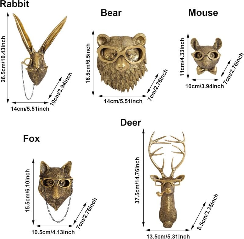 GUASDIE Resin Animal Head Wall Sculptures – Faux Deer, Rabbit, Bear, Fox & Rat, 5‑Piece Set - Image 4