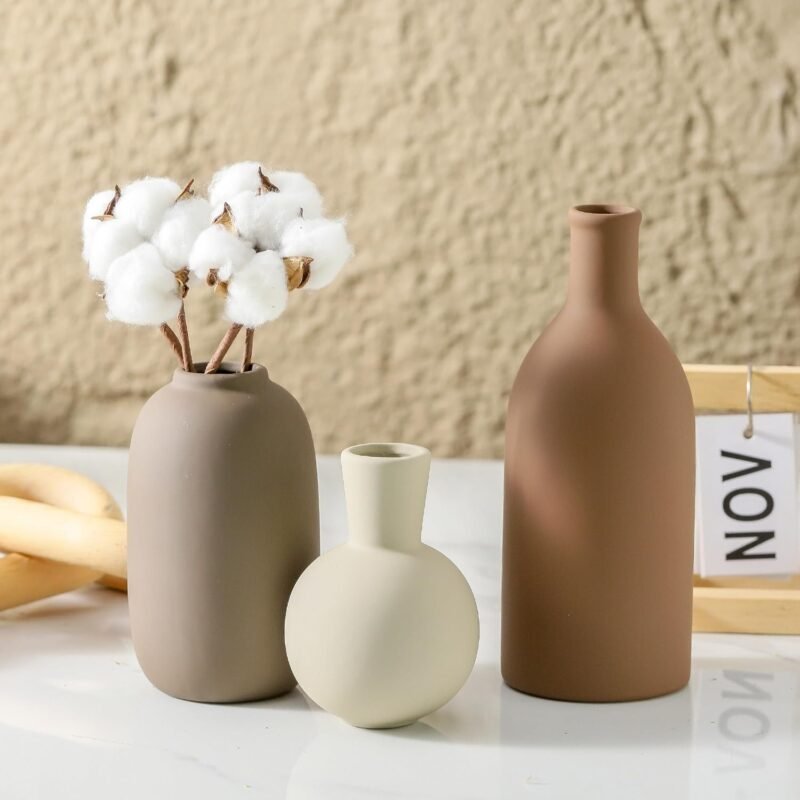Ceramic Vases Set of 3, Modern Neutral Rustic Farmhouse Home Decor Pottery Pampas Decoration for Living Room, Table - Image 2