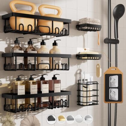 Veken 6‑Pack Stainless Steel Adhesive Shower Caddy Set – Waterproof & Rustproof
