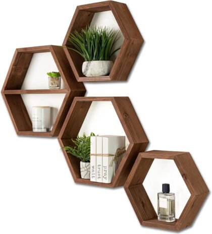 Hexagon Floating Shelves – Set of 4 Large Rustic Honeycomb Wooden Shelves