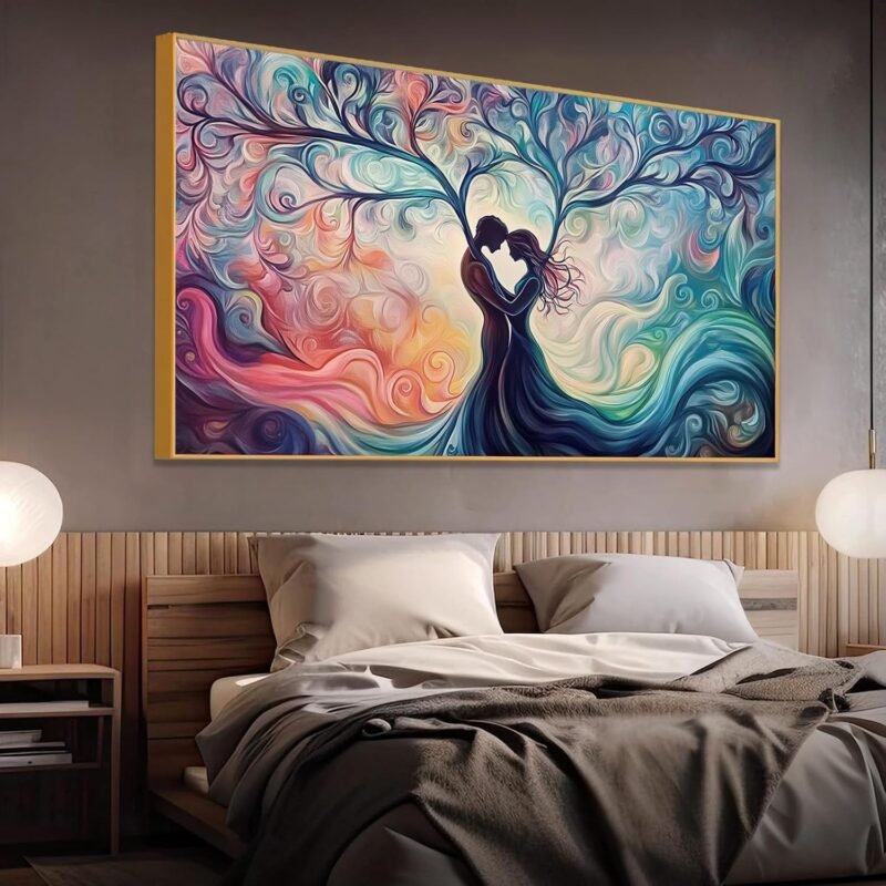 Tree of Love Canvas Print – 36″×20″ Vibrant Couple Silhouettes, Gold Frame