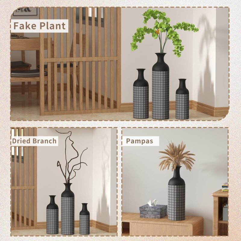Gtouse 3‑Piece Black Metal Floor Vases – Vintage Tall Set (27″/20″/16″) - Image 3