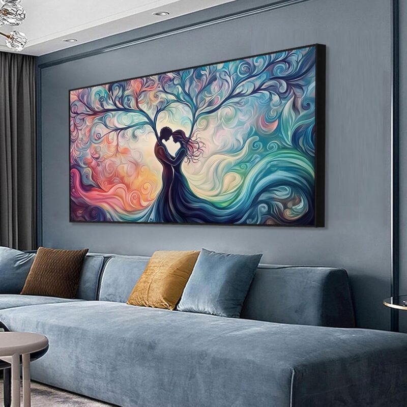 Tree of Love Canvas Print – 36″×20″ Vibrant Couple Silhouettes, Gold Frame - Image 7