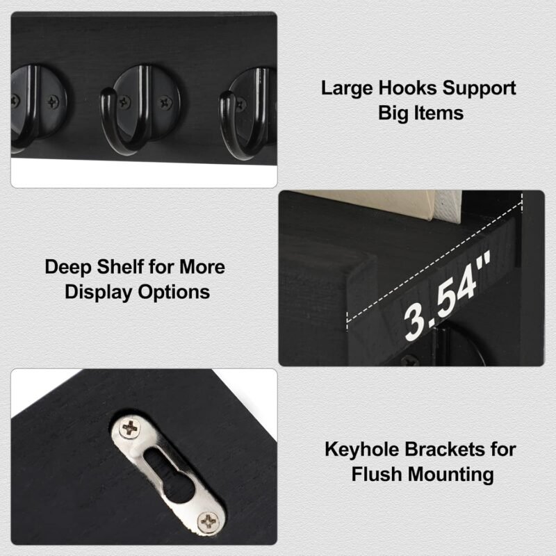 Lwenki Key Holder for Wall, Decorative Key and Mail Holder with Shelf Has Large Hooks for Bags, Coats, Umbrella – Paulownia Wood Key Hanger with Mounting Hardware (9.8”W x 6.7”H x 4.2”D)  Home & Kitchen - Image 3