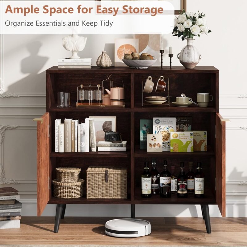 Senfot 31.5″ Farmhouse Sideboard Buffet Cabinet – Burl Wood Coffee Bar with Shelves - Image 3
