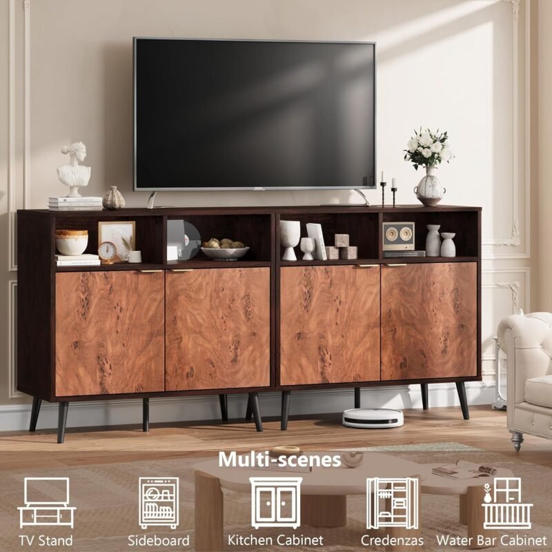 Senfot 31.5″ Farmhouse Sideboard Buffet Cabinet – Burl Wood Coffee Bar with Shelves - Image 2