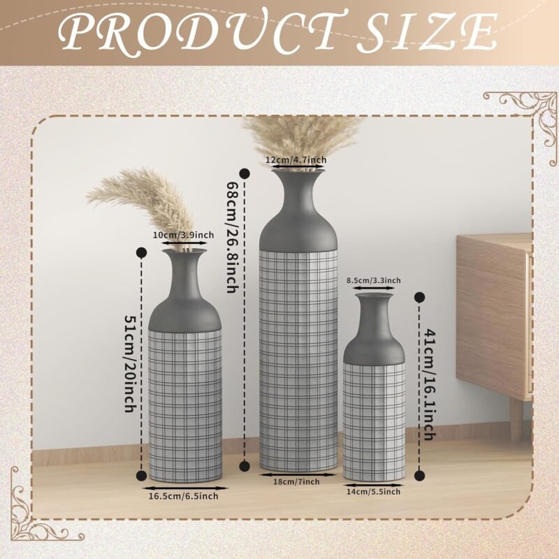 Gtouse 3‑Piece Black Metal Floor Vases – Vintage Tall Set (27″/20″/16″) - Image 2
