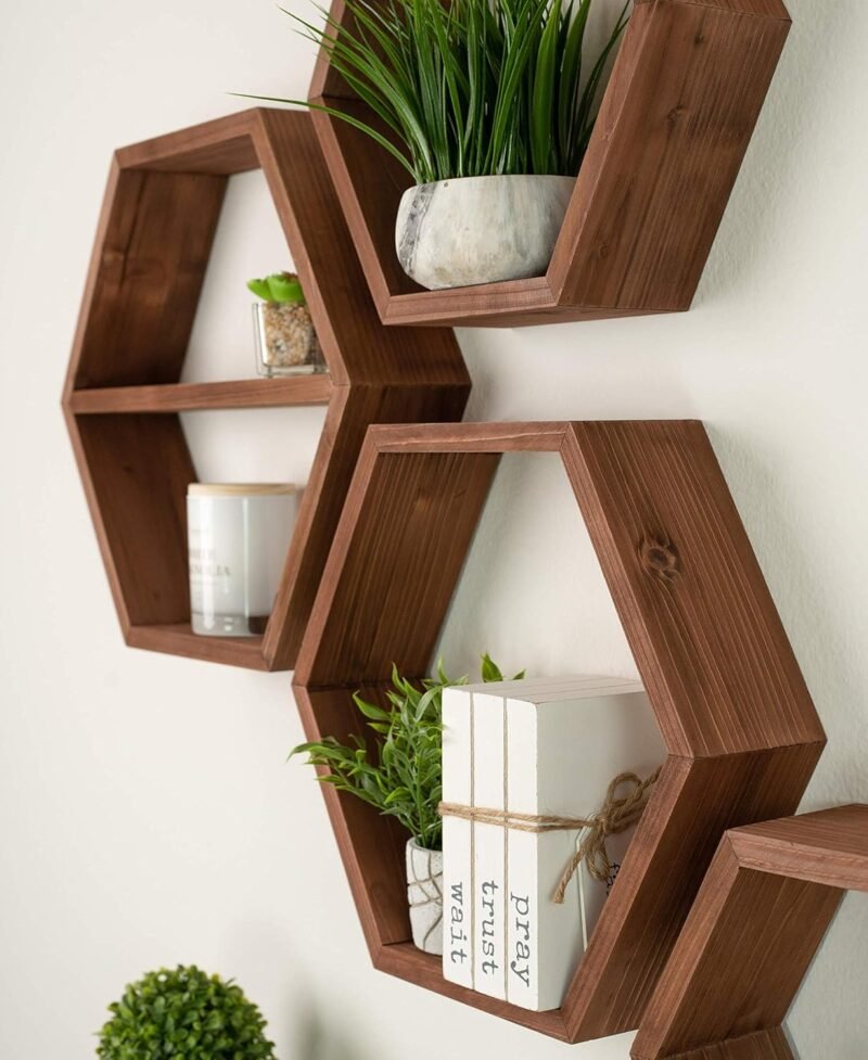 Hexagon Floating Shelves – Set of 4 Large Rustic Honeycomb Wooden Shelves - Image 6