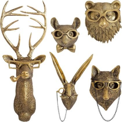 GUASDIE Resin Animal Head Wall Sculptures – Faux Deer, Rabbit, Bear, Fox & Rat, 5‑Piece Set