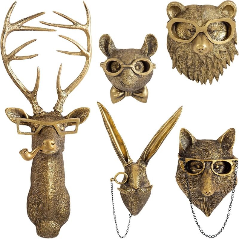 GUASDIE Resin Animal Head Wall Sculptures – Faux Deer, Rabbit, Bear, Fox & Rat, 5‑Piece Set