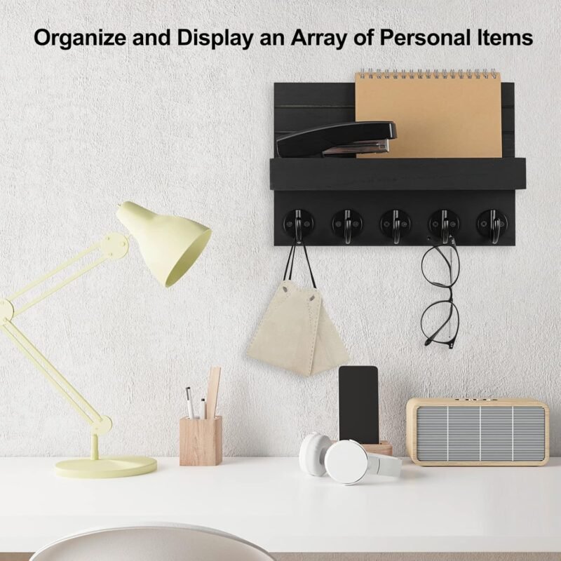 Lwenki Key Holder for Wall, Decorative Key and Mail Holder with Shelf Has Large Hooks for Bags, Coats, Umbrella – Paulownia Wood Key Hanger with Mounting Hardware (9.8”W x 6.7”H x 4.2”D)  Home & Kitchen - Image 5