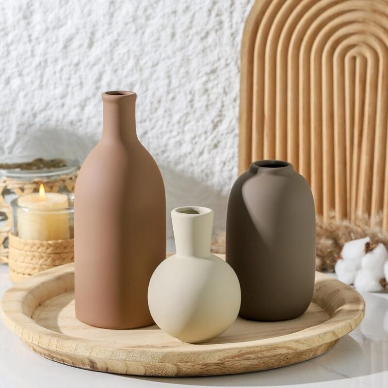 Ceramic Vases Set of 3, Modern Neutral Rustic Farmhouse Home Decor Pottery Pampas Decoration for Living Room, Table - Image 8