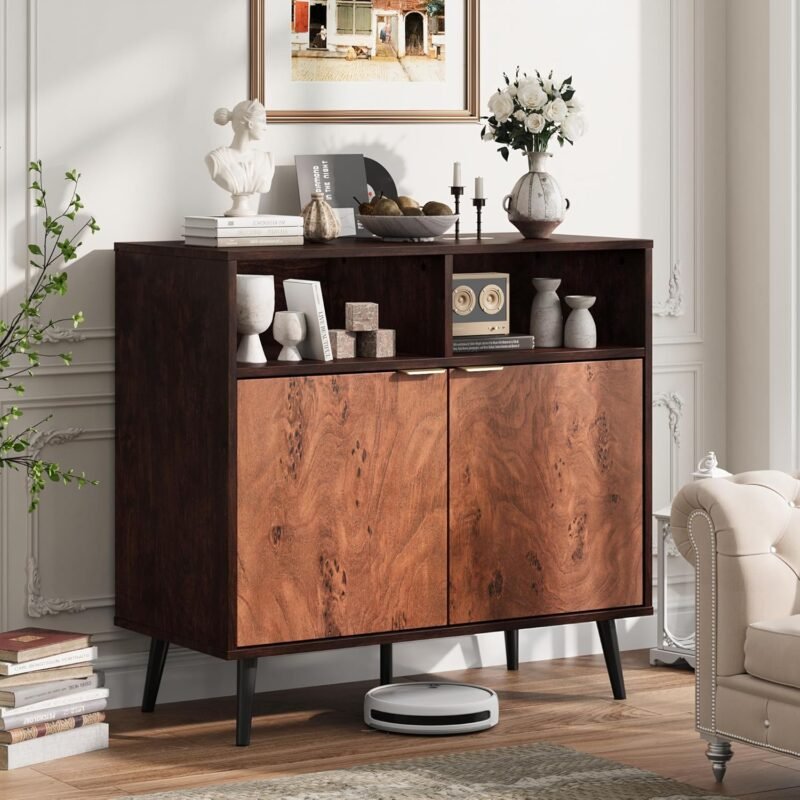 Senfot 31.5″ Farmhouse Sideboard Buffet Cabinet – Burl Wood Coffee Bar with Shelves - Image 4