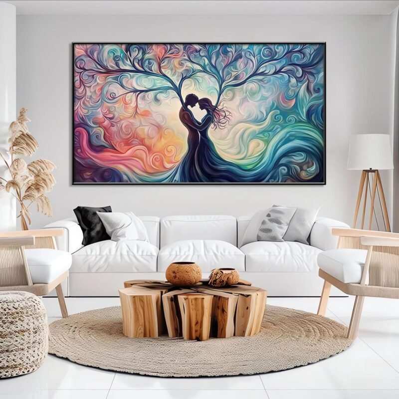 Tree of Love Canvas Print – 36″×20″ Vibrant Couple Silhouettes, Gold Frame - Image 3