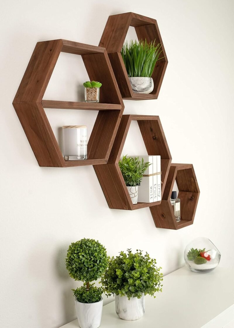 Hexagon Floating Shelves – Set of 4 Large Rustic Honeycomb Wooden Shelves - Image 2