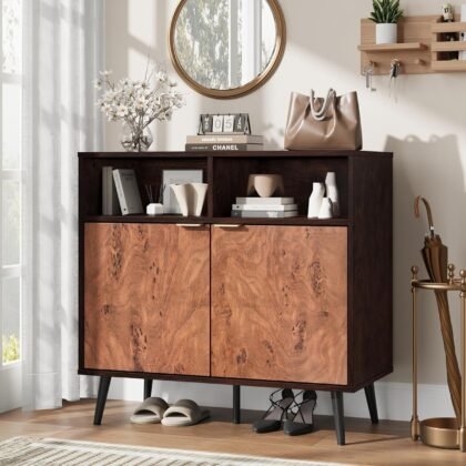 Senfot 31.5″ Farmhouse Sideboard Buffet Cabinet – Burl Wood Coffee Bar with Shelves