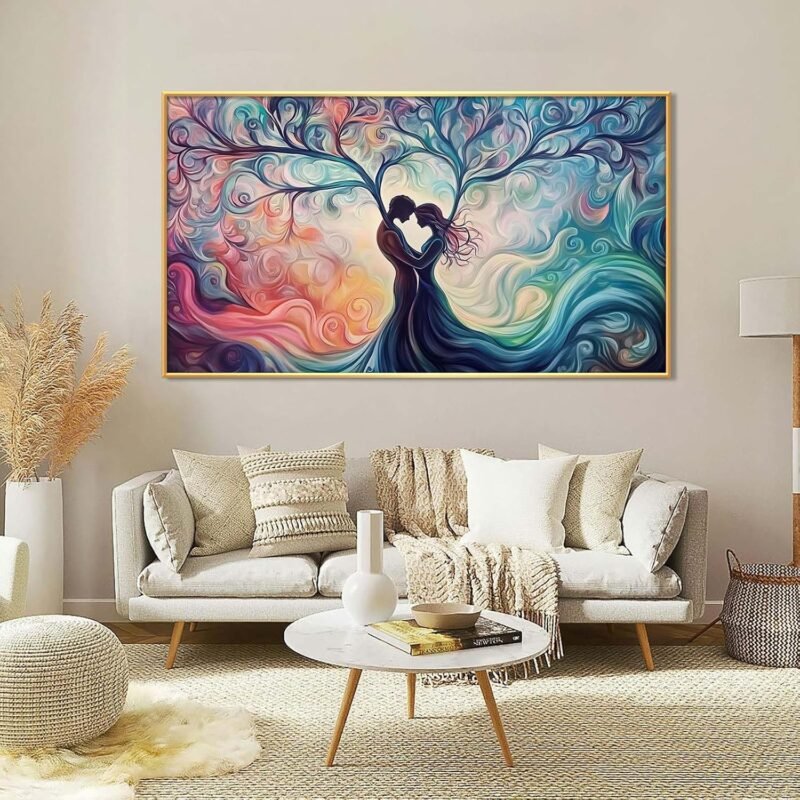 Tree of Love Canvas Print – 36″×20″ Vibrant Couple Silhouettes, Gold Frame - Image 2