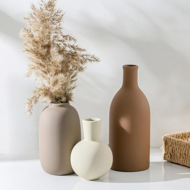 Ceramic Vases Set of 3, Modern Neutral Rustic Farmhouse Home Decor Pottery Pampas Decoration for Living Room, Table - Image 7